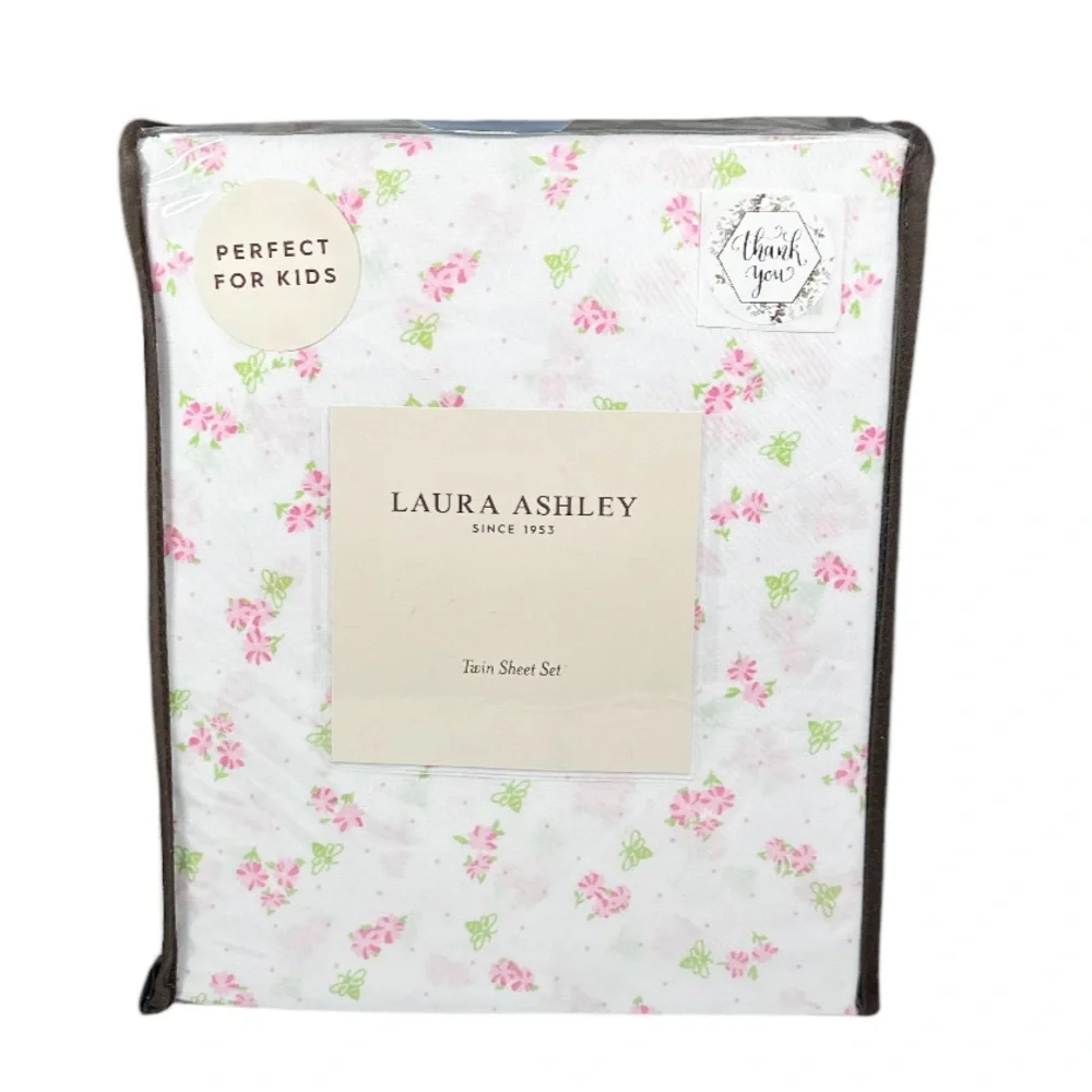 NEW Laura Ashley BUSY BEE PINK/GREEN 3pc Twin Sheet Set